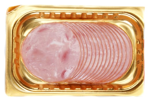 Meat in golden packing on white background