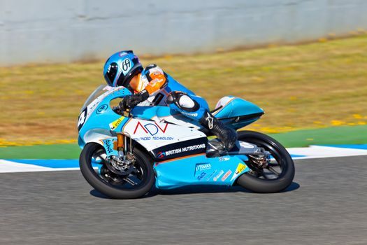 JEREZ DE LA FRONTERA, SPAIN - APR 16: 125cc motorcyclist Shankar Sarath Kumar takes a curve in the CEV Championship race on April 16, 2011 in Jerez de la Frontera, Spain.