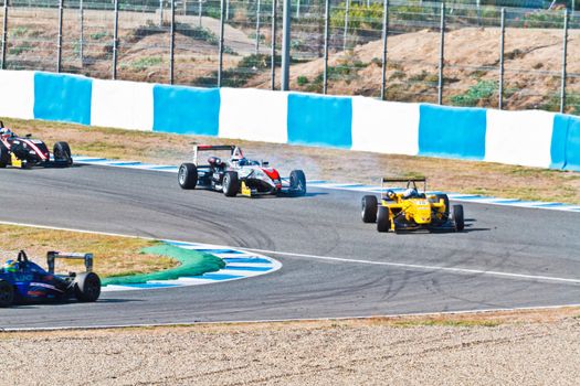 JEREZ DE LA FRONTERA, SPAIN - OCT 16: Alex Fontana (10)  followed by David Fumanelli (6) and Zoel Amberg (14) races on European F3 championship on October 16 , 2011, in Jerez de la Frontera , Spain