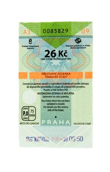Ticket on metro in city Prague on white background