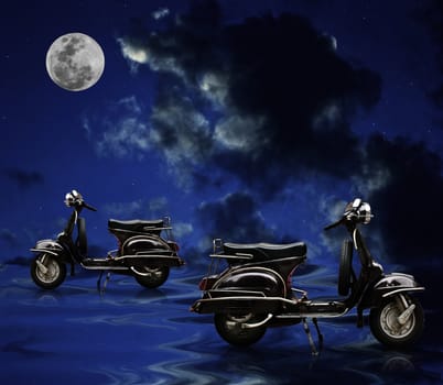 Black retro motorbike parking on the water with full moon