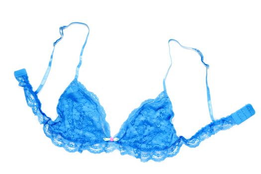 Blue lacy feminine bra on white background