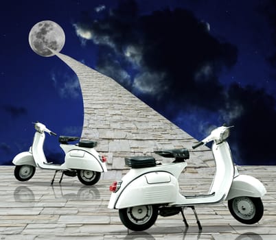 White retro scooter with stone way to the moon,