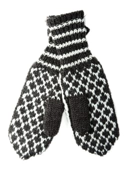 Knitted winter mittens with pattern on white background