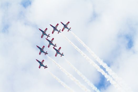 MALAGA, SPAIN-MAY 28: Aircrafts of the Patrulla Aguila taking part in an exhibition on the day of the spanish army forces on May 28, 2011, in Malaga, Spain