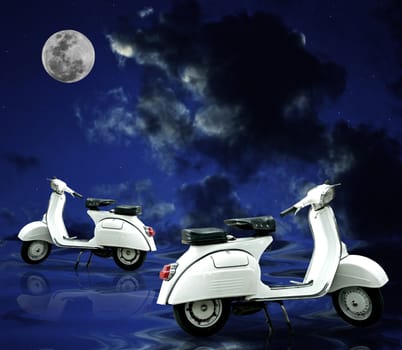 Retro scooter parking on wet floor with full moon