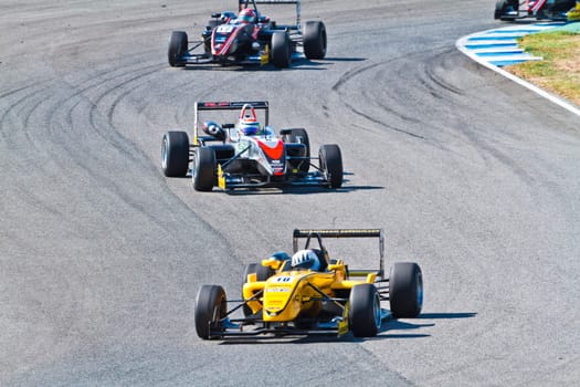 JEREZ DE LA FRONTERA, SPAIN-OCT 16: Alex Fontana(10)  followed by David Fumanelli(6) and Juan Carlos Sistos(12) races on European F3 championship on October 16 , 2011, in Jerez de la Frontera , Spain