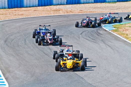 JEREZ DE LA FRONTERA, SPAIN - OCT 16: Alex Fontana (10)  followed by David Fumanelli (6) and other pilots races on European F3 championship on October 16 , 2011, in Jerez de la Frontera , Spain