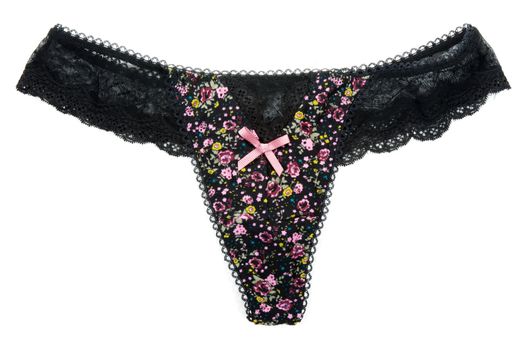 Black feminine panties with drawing in the manner of flower on white background