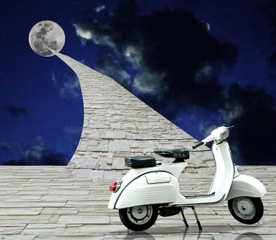 Retro scooter parking with road to the moon in night sky