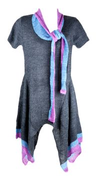 Knitted feminine gown with blue and red scarf on white background