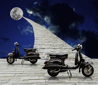 Black retro scooter with stone road to moon in night sky