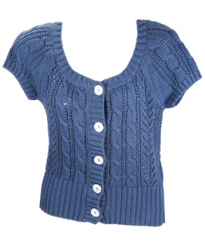 Blue knitted woman's jacket with button on white background