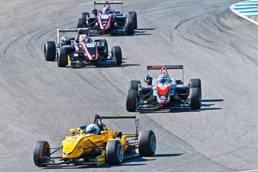 JEREZ DE LA FRONTERA, SPAIN - OCT 16: Alex Fontana (10)  followed by David Fumanelli (6) and other pilots races on European F3 championship on October 16 , 2011, in Jerez de la Frontera , Spain