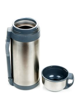 Steel thermos with cup insulated on white background