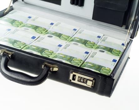 Briefcase with money isolated on white background