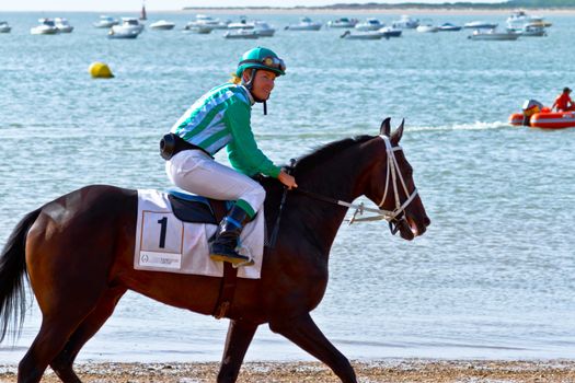 SANLUCAR DE BARRAMEDA, CADIZ, SPAIN - AUGUST 10: Unidentified rider at the start of race horses on Sanlucar de Barrameda beach on August 10, 2011 in Sanlucar de Barrameda, Cadiz, Spain.