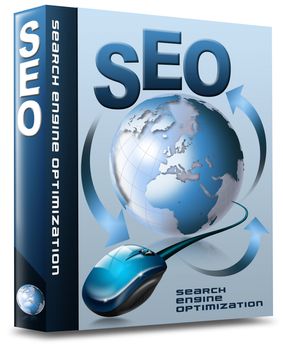 Box with globe, mouse and written SEO