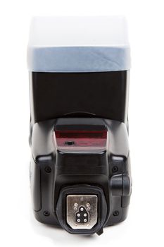 Photo flash in black plastic body on white background