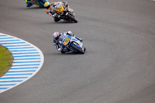 JEREZ DE LA FRONTERA, SPAIN - NOV 20: MOTO2 motorcyclists Axel Pons and Ivan Silva takes a curve in the CEV championship on Nov 20, 2010, in Jerez de la Frontera, Spain