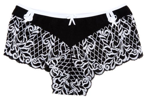 Black feminine undershorts with pattern on white background