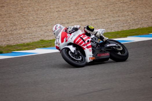 JEREZ DE LA FRONTERA, SPAIN - NOV 20: Stock Extreme motorcyclist Steve Trujillo takes a curve in the CEV championship on Nov 20, 2010, in Jerez de la Frontera, Spain