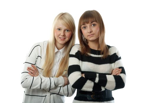 Portrait two beautiful girls in striped cloth on white background
