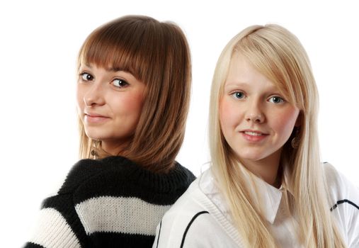 Portrait two beautiful girls in striped cloth on white background