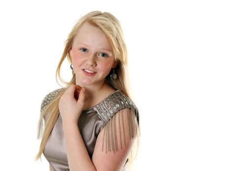 Beautiful girl in satin gown on white background