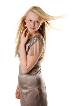 Beautiful girl in satin gown on white background