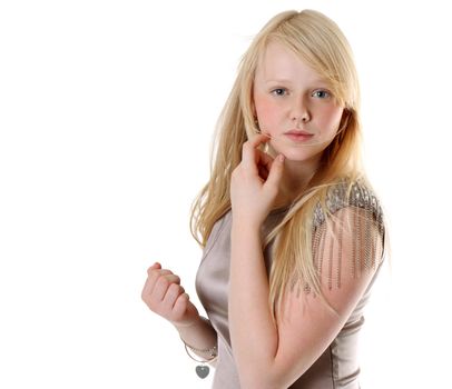 Beautiful girl in satin gown on white background