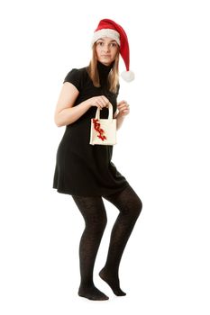 Santa girl hat and bag on white background
