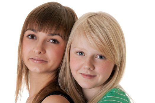 Portrait of two friends on a white background