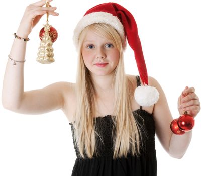 Young beautiful girl in a Santa hat on a white background