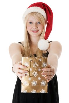 Young beautiful girl in a Santa hat on a white background