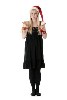 Young beautiful girl in a Santa hat on a white background