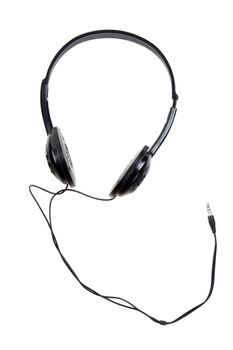 Black earphones with wire and jackplug on white background