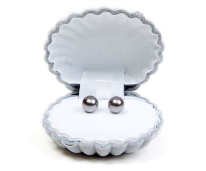 Earrings in small box and necklace on white background