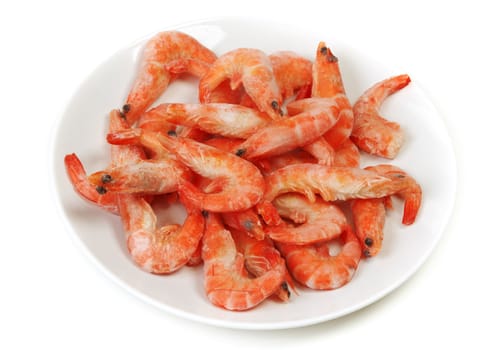 Plate frozen prawns insulated on white background