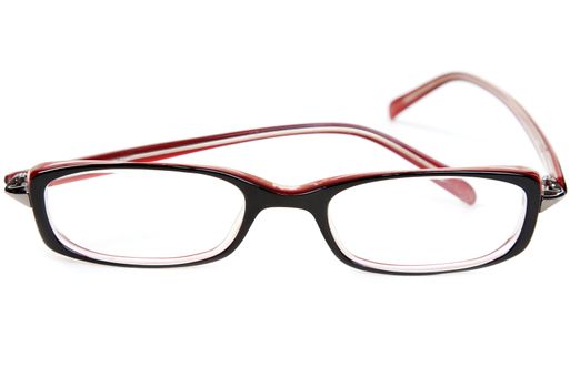 Stylish red glasses on a white background