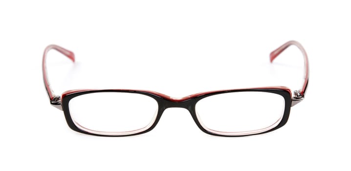 Stylish red glasses on a white background