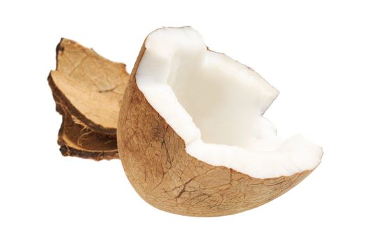 Fresh coconut and coconut shells. Isolated on white.