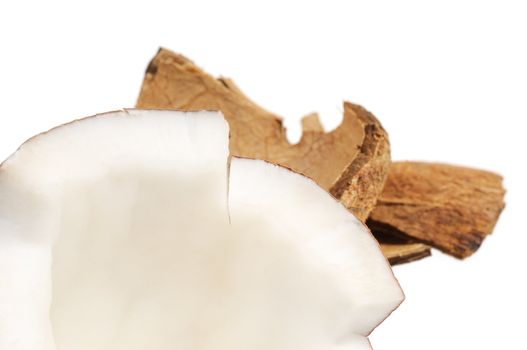 Fresh coconut and coconut shells. Isolated on white.