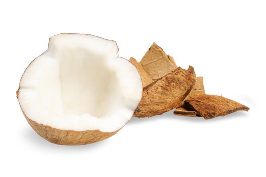 Fresh coconut and coconut shells. Isolated on white.