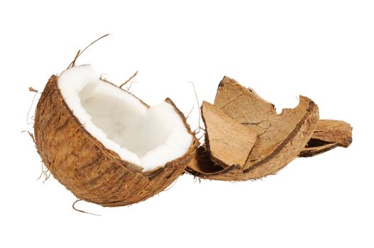 Fresh coconut and coconut shells. Isolated on white.