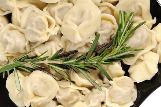 Ready to eat ravioli on a plate. Decorated with rosemary. Isolated on white.