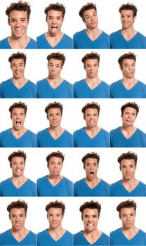 young man face expressions composite isolated on white background.