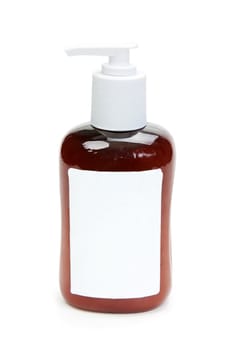 Brown bottle of gel with a blank label on white background