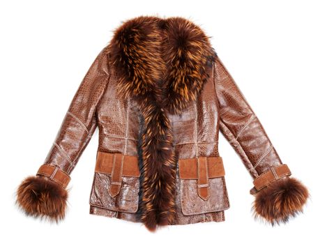 Brown sheepskin coat with fur Isolated on white background