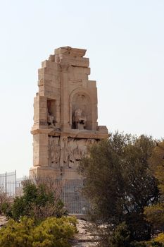 Philopappos Monument detail southwest of the Acropolis, is the tomb of Caius Julius Antiochos Philopappos landmarks of athens greece